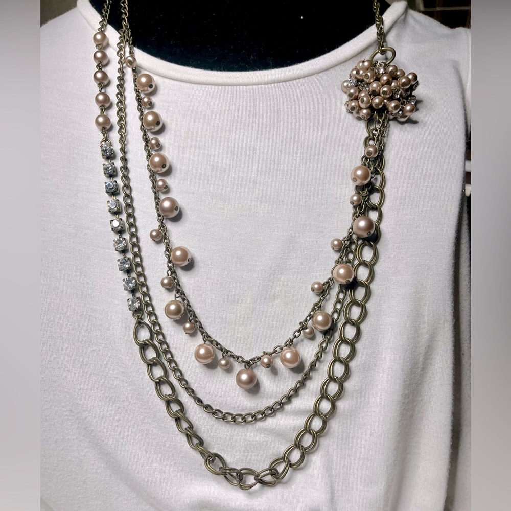 35” Necklace with 3 chains, pearls & rhinestones